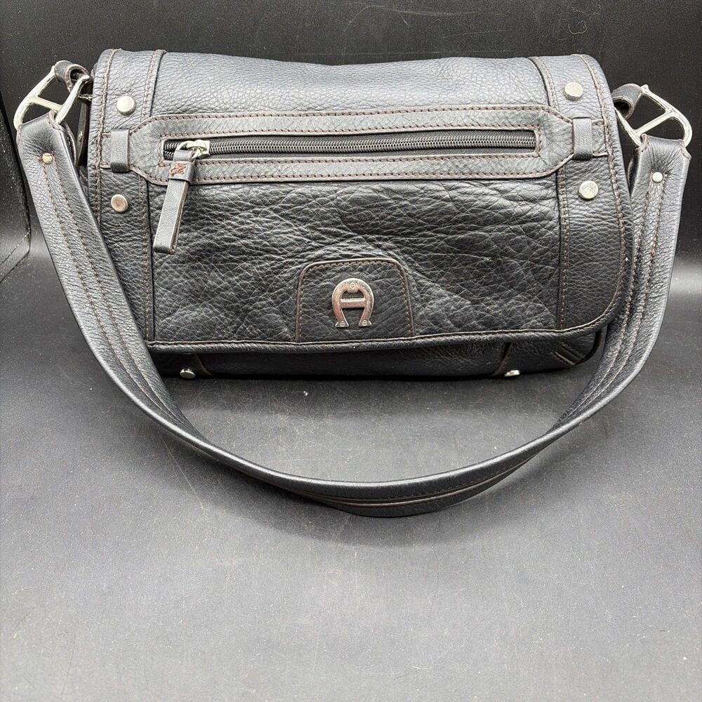 ETIENNE AIGNER Black Pebble Leather Silver/ Top Stitching, Zip Pockets Handbag